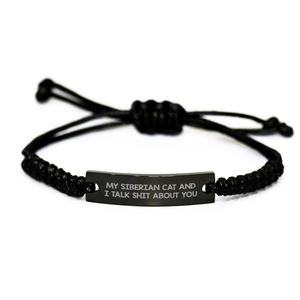 Funny Siberian Cat Gifts from Men for Father's Day Unique Rope Braceltes - 'My Siberian Cat And I Talk Shit About You' Engraved Black Stainless Steel with Interlaced Rope - Image 1