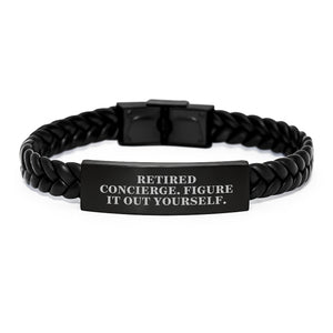Concierge Gifts from Friends | Funny Interlaced Leather Birthday Brunch Accessories Men Women, Retired Concierge Figure It Out Yourself Quote - Image 1