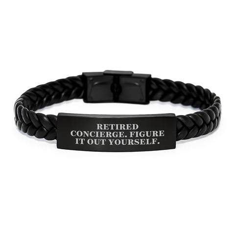 Image of Concierge Gifts from Friends | Funny Interlaced Leather Birthday Brunch Accessories Men Women, Retired Concierge Figure It Out Yourself Quote - Image 1