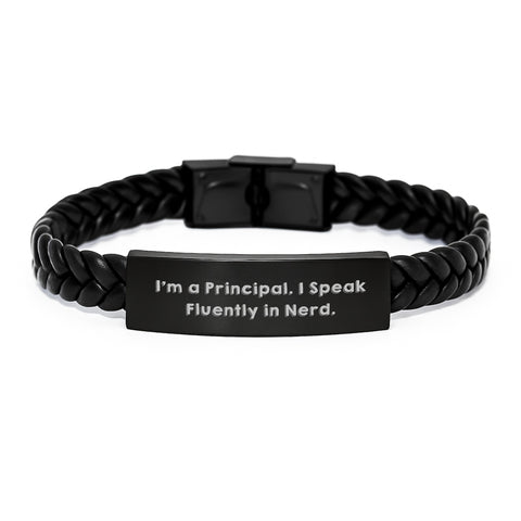 Image of Funny Principal Gifts - 'I'm A Principal. I Speak Fluently In genius.' Interlaced Leather Bracelet for Men, Women, Friends, Coworkers - Unique Graduation Gift from Family, Friends, Coworkers - Image 1