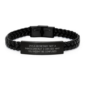 Funny Secretary Gift Idea, Birthday Unique Gifts for Men, Women, Coworkers, or Family - Interlaced Leather Bracelet with Stainless Steel and PU Leather - Image 1