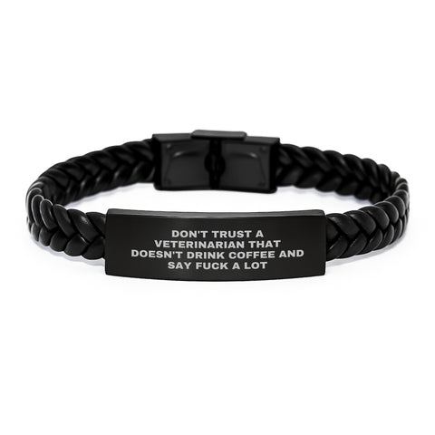 Image of Funny Veterinarian Gifts, Interlaced Leather Bracelet for Graduation, Gifts from Friends, Gifts for Veterinarian Who Says 'F--k' - Unique Men's Accessory - Image 1