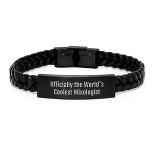 Cool Mixologist Gift for Him, Birthday Unique Interlaced Leather Bracelet with Funny Quote 'Officially The World's Coolest Mixologist' - Image 1