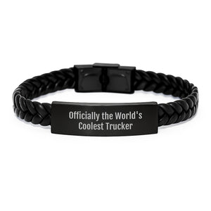 Funny Trucker Gifts from Family - Officially The World's Coolest Trucker Interlaced Leather Bracelet for Birthday Unique Gifts - Image 1