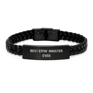 Funny Minister Gifts, Unique Interlaced Leather Bracelet for Men, Best Effin' Minister Ever Quote, Gifts from Family to Minister - Image 1