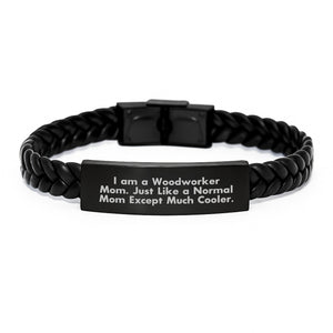 Woodworker Gifts from Mom - Funny Quote Interlaced Leather Bracelet for Men, Father's Day Unique Presents, Stainless Steel and PU Leather, 7.87 inches Long - Image 1