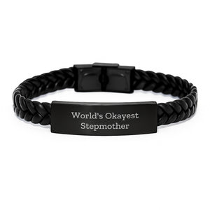Funny Stepmother Gifts, World's Okayest Stepmother Humor, Interlaced Leather Bracelet for Women, Gifts from Family to Stepmother on Father's Day - Image 1