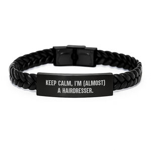 Funny Hairdresser Gifts for Men, Women, Friends, and Family - Birthday Unique Leather Bracelet with 'Keep Calm, I'm (almost) A Hairdresser', Interlaced Leather Style, Stainless Steel and PU Leather - Image 1