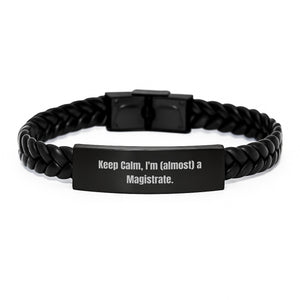 Magistrate Gift Interlaced Leather Bracelet, Funny Keepsake for Graduation, 'Keep Calm, I'm (almost) A Magistrate' Quote, Stainless Steel and PU Leather, Gifts from Family to Friends - Image 1