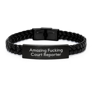 Funny Court Reporter Gifts, Interlaced Leather Bracelet 'Amazing F--king Court Reporter', Gifts for Court Reporter at Graduation - Image 1