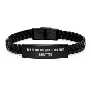 Black Cat Gifts for Men, Funny Interlaced Leather Bracelet, 'My Black Cat And I Talk Shit About You' Quote, Unique Graduation Presents from Friends - Image 1