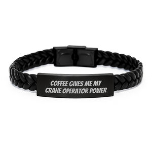Funny Crane Operator Gifts from Friends for Men - Coffee Gives Me My Crane Operator Power Interlaced Leather Bracelet Birthday Unique Gifts - Image 1