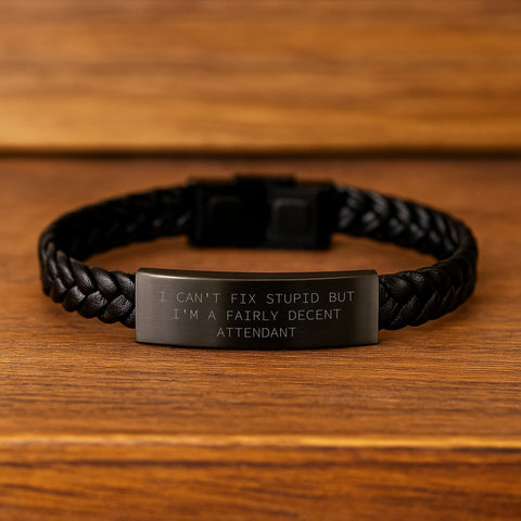 Image of Funny Attendant Gifts from Friends, 'I Can't Fix Stupid But I'm A Fairly Decent Attendant' Interlaced Leather Birthday Unique Gifts for Men, Women, Coworkers, Family - Image 2