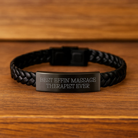 Image of Funny Massage Therapist Gifts from Friends - Best Effin' Massage Therapist Ever Interlaced Leather Bracelet for Birthday - Image 2