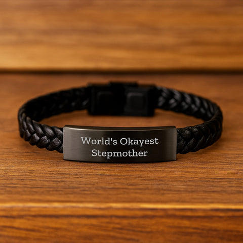 Image of Funny Stepmother Gifts, World's Okayest Stepmother Humor, Interlaced Leather Bracelet for Women, Gifts from Family to Stepmother on Father's Day - Image 2