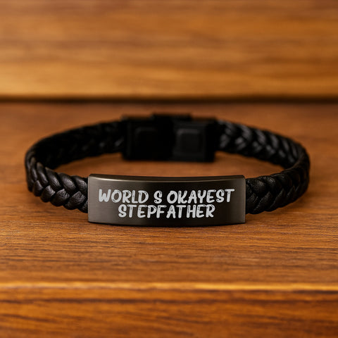 Image of Funny Stepfather Gifts - World's Okayest Stepfather Interlaced Leather Bracelet for Men, Unique Birthday Presents from Family, Friends, or Coworkers - Image 2