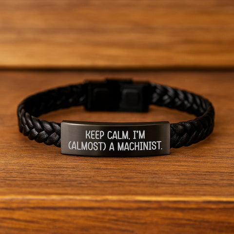 Image of Keep Calm, I'm (almost) A Machinist. - Funny Machinist Gifts from Friends for Birthday - Interlaced Leather Machinist Cuff - Image 2