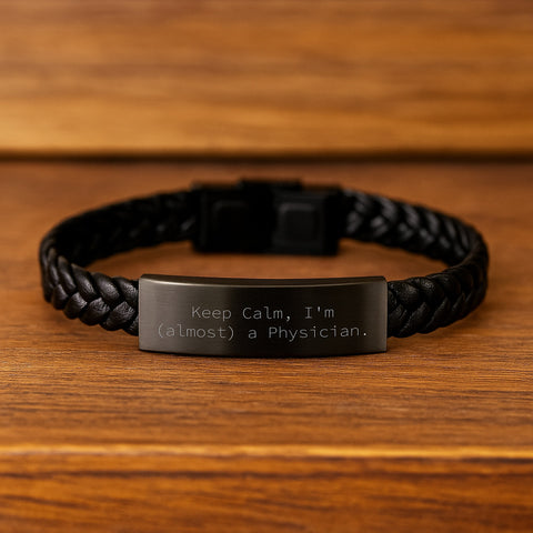 Image of Funny Physician Gifts, Keep Calm I'm almost a Doctor Interlaced Leather Bracelet for Men and Women, Birthday Unique Gifts from Friends and Coworkers - Image 2