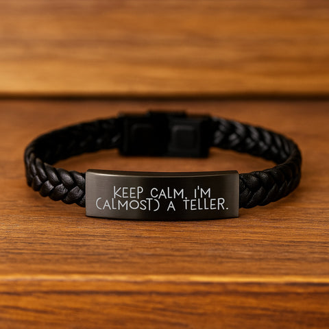 Image of Funny Teller Gifts, Keep Calm I'm Almost A Teller Interlaced Leather Bracelet for Men, Women, Friends and Family, Unique Graduation Unique Gifts from Friends, Coworkers, or Family - Image 2