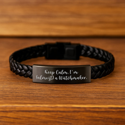 Image of Funny Watchmaker Gifts, Keep Calm I'm Almost A Watchmaker Interlaced Leather Bracelet for Birthday, Gift from Friends to Watchmaker, Unique Watchmaker Accessories - Image 2