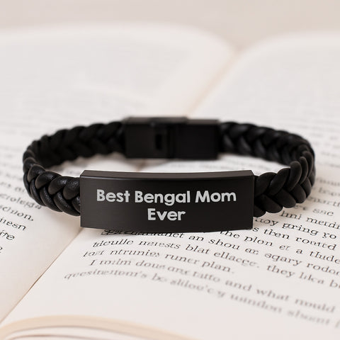 Image of Funny Bengal Cat Lover Gifts for Men Women Friends Valentine's Unique Interlaced Leather Bracelet with Quote Best Bengal Mom Ever - Image 3