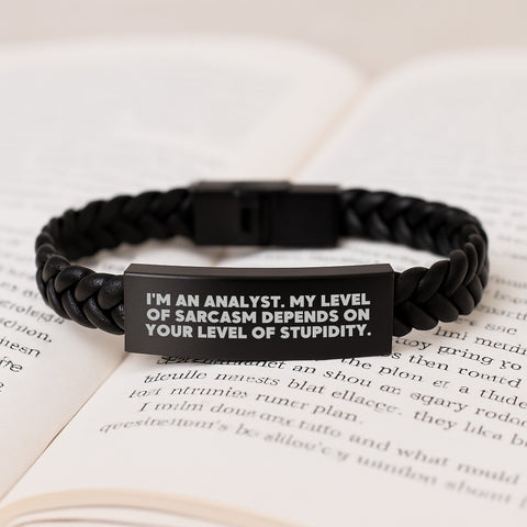 Image of Funny Analyst Quote Gifts from Friends for Birthday, Interlaced Leather Analyst Branded Accessories, Sarcasm Engraved Stainless Steel PU Leather Interlocking Cuff - Image 3