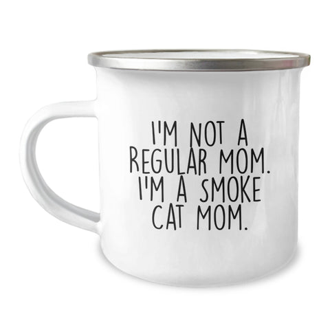 Image of Funny Smoke Cat Mom, Gifts from Friends for Birthday, 12 oz Camping Mug, Inspirational Quote, Enamel Finish - Image 1
