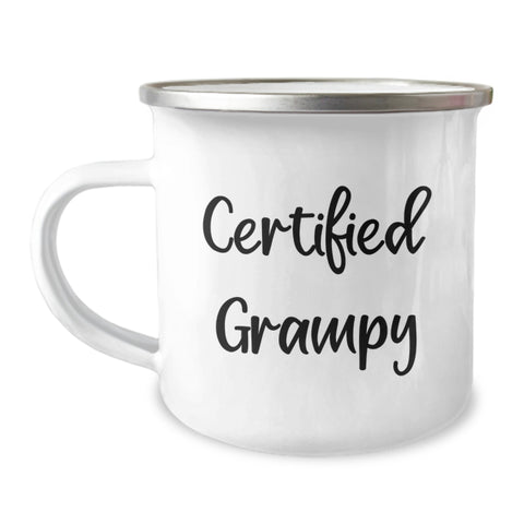 Image of Funny Grampy Camping Mug Gifts for Him from Family on Birthday, 'Certified Grampy' Quote, 12 oz Stainless Steel Enamel Finish - Image 1