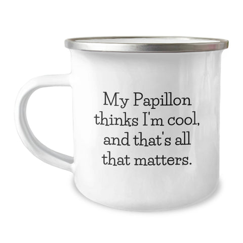 Image of Funny Papillon Dog Gifts From Men to Friends on Valentine's - My Papillon Thinks I'm Cool Camping Mug - Image 1