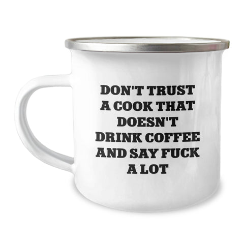 Image of Funny Cook Gifts from Men, Christmas Unique Mugs for Cooks, Camping Mug with Quote 'Don't Trust A Cook' - 12 oz Stainless Steel - Image 1