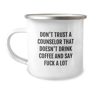 Funny Counselor Gift, Christmas Unique Presents for Counselor Friends from Men, Women, or Coworkers - 'Don't Trust a Counselor...' Camping Mug - Image 1