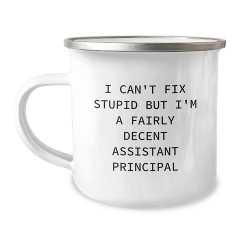 Image of Funny Assistant Principal Gifts, Camping Mug for Birthday 'I Can't Fix Stupid But I'm A Fairly Decent Assistant Principal' from Friends, Coworkers, Family to Assistant Principals - Image 1