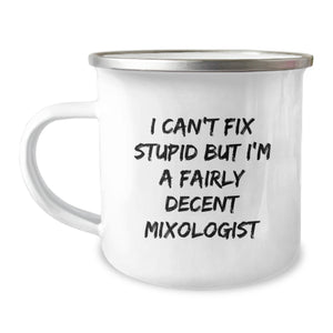 Funny Mixologist Gifts from Friends for Graduation - I Can't Fix Stupid But I'm A Fairly Decent Mixologist, 12 oz Camping Mug - Image 1