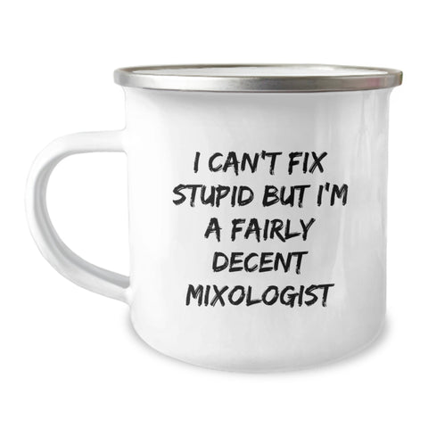 Image of Funny Mixologist Gifts from Friends for Graduation - I Can't Fix Stupid But I'm A Fairly Decent Mixologist, 12 oz Camping Mug - Image 1