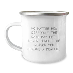 Funny Dealer Gifts from Men to Friends - Camping Mug for Men - 'No Matter How Difficult The Days May Get. Never Forget The Reason You Became A Dealer.' Quote Gifts - Image 1