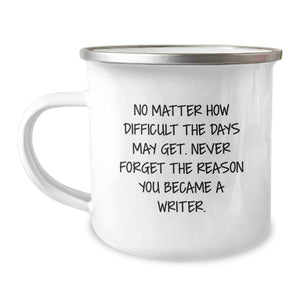 Writer's Christmas Camping Mug Gifts from Friends, Inspirational Quote 'No Matter How Difficult The Days May Get. Never Forget The Reason You Became A Writer.' for Family - Image 1