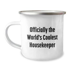 Funny Housekeeper Gifts from Men to Mothers - Officially The World's Coolest Housekeeper Camping Mug, Unique Mother's Day Unique Gifts for Housekeeper, 12 oz Stainless Steel Enamel Finish - Image 1