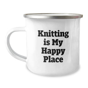 Knitting Enthusiasts' Happy Place Camping Mug, Funny Quote Gifts for Knitting Lovers, Graduation Unique Gifts from Family - Image 1