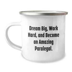 Inspirational Paralegal Gifts from Friends, Cozy Camping Mug for Valentine's Unique Gifts, Dream Big Work Hard - Image 1