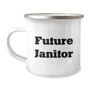 Funny Janitor Gifts from Friends for Future Janitor Birthday Unique Gifts, Janitor Camping Mug with Inspirational Quote, 12 oz Stainless Steel Enamel Finish - Image 1