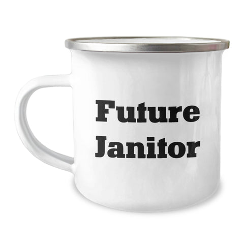 Image of Funny Janitor Gifts from Friends for Future Janitor Birthday Unique Gifts, Janitor Camping Mug with Inspirational Quote, 12 oz Stainless Steel Enamel Finish - Image 1
