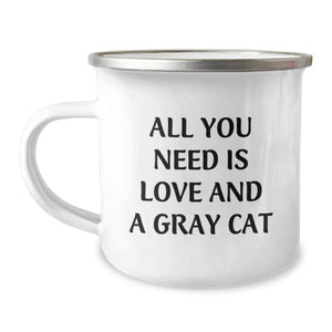 Gray Cat Camping Mug Gifts from Friends and Family - All You Need Is Love And A Gray Cat Valentine's Unique Gift - Image 1