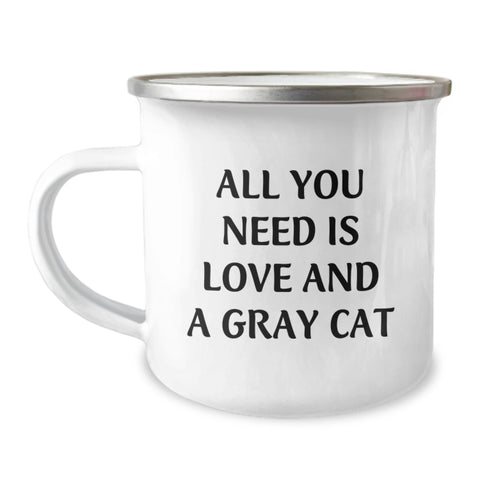 Image of Gray Cat Camping Mug Gifts from Friends and Family - All You Need Is Love And A Gray Cat Valentine's Unique Gift - Image 1