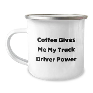 Funny Truck Driver Gifts from Friends - 'Coffee Gives Me My Truck Driver Power' Enamel Camping Mug for Men, Graduation Unique Gifts - Image 1