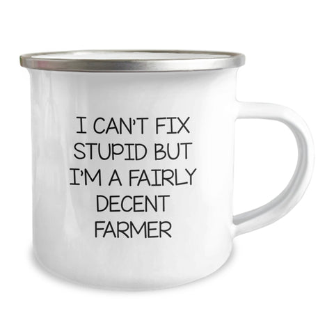 Image of Funny Gifts from Friends to Farmers, I Can't Fix Stupid But I'm A Fairly Decent Farmer Enamel Camping Mug for Men, Farmer Themed Unique Christmas Unique Gifts - Image 2
