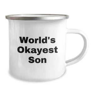 Funny Son Camping Mugs Gifts from Family - World's Okayest Son Quote, Unique Father's Day Presents for Men