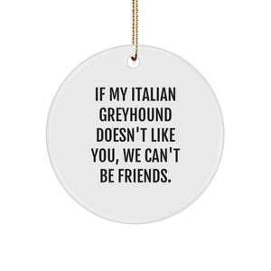 Funny Italian Greyhound Dog Gifts from Friends for Men, Women, and Family - If My Italian Greyhound Doesn't Like You, We Can't Be Friends. Christmas Circle Ornament - Image 1