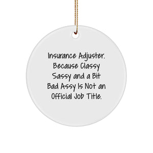Funny Insurance Adjuster Gifts from Friends Christmas Circle Ornaments with Classy Sassy Quote, Insurance Adjuster Office Decorations for Men Women Coworkers - Image 1