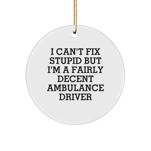 Funny Ambulance Driver Gifts from Friends for Christmas - Circle Ornament with I Can't Fix Stupid Quote, Ambulance Driver Decorations, Men or Women's Present - Image 1