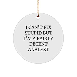 Funny Christmas Unique Gifts from Friends for Analyst, 'I Can't Fix Stupid' Circle Ornament, White Circle Shaped Durable MDF with High Gloss Finish - Image 1